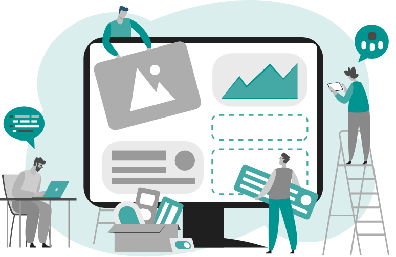 Graphic of tiny people placing images on oversized monitor