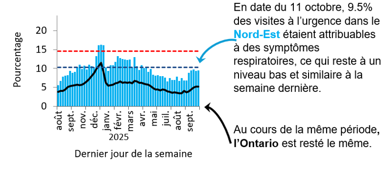 Graphique montrant le pourcentage de visites aux services des urgences dans le Nord-Est de l’Ontario en raison de problèmes respiratoires d’août 2025 à aujourd’hui. Les niveaux sont passés de faibles (<10,3 %) en septembre 2025 à élevés (>14,6 %) en décembre 2025. Ils diminuent au début de 2026, mais demeurent élevés, à la mi- décembre et ont été faibles depuis juin. L’Ontario suit une tendance semblable, mais ses taux sont inférieurs de 5 à 10 %, probablement en raison de différences dans l’utilisation des soins de santé et l’accès à ces soins. Au 11 octobre, 9.5% des visites aux urgences dans le Nord-Est étaient dues à des symptômes respiratoires, ce qui correspond à un niveau faible. Au cours de la même période, l’Ontario a est resté le même.