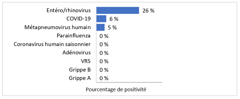 Pour la mise à jour la plus récente, en ordre descendant, le pourcentage de tests positifs est le suivant : 26% Entéro/rhinovirus 6% COVID-19 5% Métapneumovirus humain 0% Grippe B 0% Adénovirus 0% VRS 0% Coronavirus humain saisonnier 0% Parainfluenza 0% Grippe A