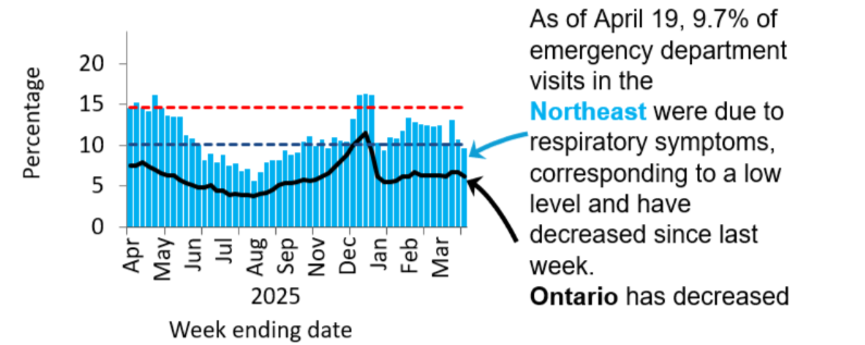 Alt text: Graph showing the percentage of emergency visits in Northeast Ontario due to respiratory issues from February 2025 to the present. Levels rose from low (<10.1%) in September 2024 to high (>14.6%) by November 2024, peaking at 23% in late December 2024. They declined in early 2025 but remained high, except for a dip to moderate mid-March and have been low since June. Ontario follows a similar trend but with rates 5&ndash;10% lower, likely due to differences in healthcare access and use. As of April 19, 9.7% of emergency department visits in the Northeast were due to respiratory symptoms, corresponding to a low level. Ontario levels decreased from last week.