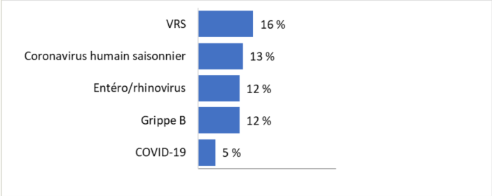 Texte de remplacement : Pour la mise &agrave; jour la plus r&eacute;cente, en ordre descendant, le pourcentage de tests positifs est le suivant :  16% VRS  13% Coronavirus humain saisonnier  12% Ent&eacute;ro/rhinovirus  12% Grippe B  5% COVID-19  0% M&eacute;tapneumovirus humain  0% Parainfluenza  0% Grippe A  0% Ad&eacute;novirus