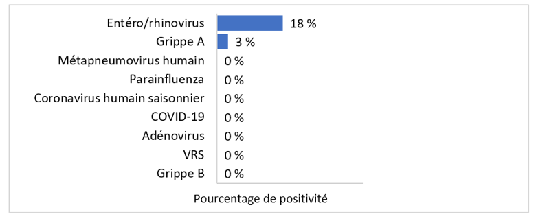 Pour la mise à jour la plus récente, en ordre descendant, le pourcentage de tests positifs est le suivant : 18% Entéro/rhinovirus 3% Grippe A 0% COVID-19 0% Métapneumovirus humain 0% Grippe B 0% Adénovirus 0% VRS 0% Coronavirus humain saisonnier 0% Parainfluenza