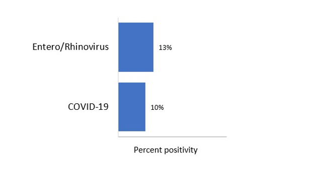 For the most recent update, from highest to lowest, the percentage of positive tests is as follows: Entero/Rhinovirus - 13%;; COVID-19 - 10%; Adenovirus - 0%; Influenza A - 0%; Parainfluenz - 0%; Human metapneumovirus - 0%; Influenza B - 0%; RSV - 0%; Seasonal human coronavirus - 0%.