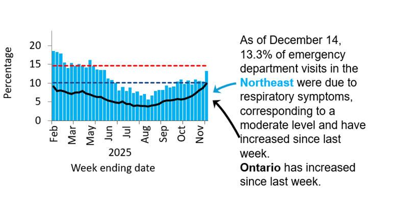 Graph showing the percentage of emergency visits in Northeast Ontario due to respiratory issues from February 2025 to the present. Levels rose from low (<10.1%) in September 2024 to high (>14.6%) by November 2024, peaking at 23% in late December 2024. They declined in early 2025 but remained high, except for a dip to moderate mid-March and have been low since June. Ontario follows a similar trend but with rates 5–10% lower, likely due to differences in healthcare access and use. As of December 14th, 13.3% of emergency department visits in the Northeast were due to respiratory symptoms, corresponding to a moderate level. Ontario levels increased.
