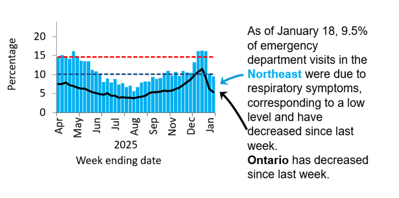 Graph showing the percentage of emergency visits in Northeast Ontario due to respiratory issues from February 2025 to the present. Levels rose from low (<10.1%) in September 2024 to high (>14.6%) by November 2024, peaking at 23% in late December 2024. They declined in early 2025 but remained high, except for a dip to moderate mid-March and have been low since June. Ontario follows a similar trend but with rates 5–10% lower, likely due to differences in healthcare access and use. As of January 18th, 9.5% of emergency department visits in the Northeast were due to respiratory symptoms, corresponding to a low level. Ontario levels decreased.