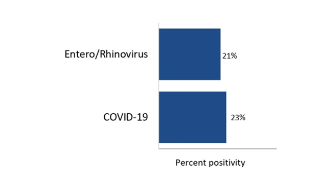 For the most recent update, from highest to lowest, the percentage of positive tests is as follows: COVID-19 - 23%; Entero/Rhinovirus - 21%; Parainfluenza - 0; Human metapneumovirus - 0; Influenza B - 0; Seasonal human coronavirus - 0%; Influenza A - 0; RSV - 0; and Adenovirus - 0%.