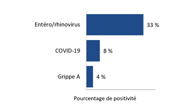 Pour la mise à jour la plus récente, en ordre descendant, le pourcentage de tests positifs est le suivant : Entéro/rhinovirus - 33 %; COVID-19 - 8%; Grippe A - 4 %; Parainfluenza - 0; Métapneumovirus humain - 0 %; Grippe B - 0 %; Coronavirus humain saisonnier - 0 %; RSV - 0 %; et Adénovirus - 0 %.