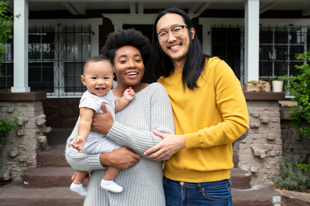 A smiling diverse family standing outside in front of a house, featuring a Black mother holding a happy baby and an Asian father standing close beside them.