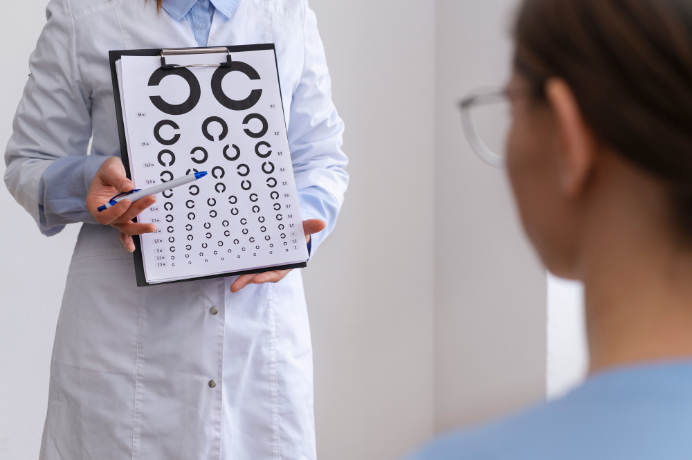 A vision specialist holding a clipboard with a vision test chart featuring broken circles (Landolt C rings) and pointing to a line for a patient wearing glasses.